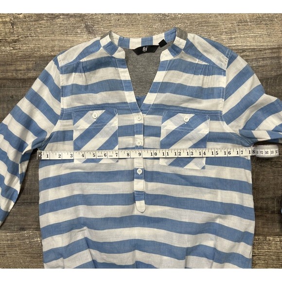 FIG Blue & White Women's Blouse Elastic Hem w Roll-up Tabs Size Medium - Picture 6 of 9